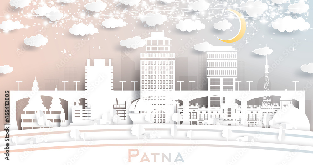 Fototapeta Panoramę miasta Patna India w stylu Paper Cut z białymi budynkami, księżycem i neonową girlandą.
