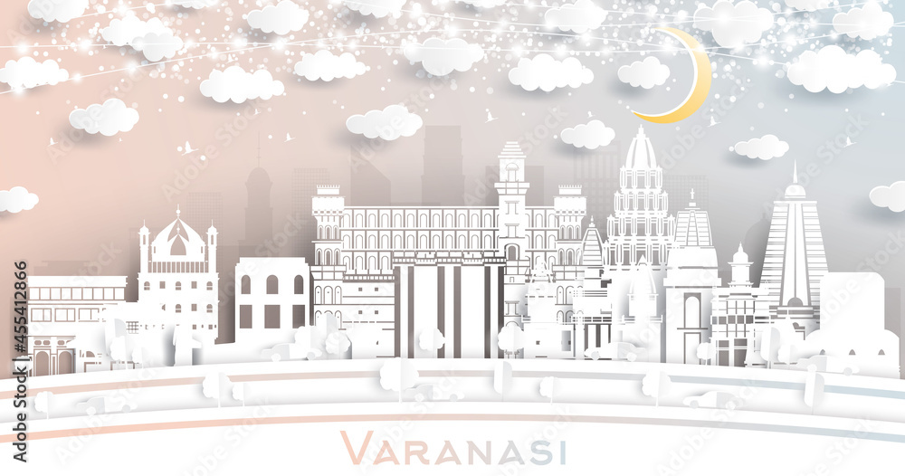 Varanasi India City Skyline in Paper Cut Style with White Buildings, Moon and Neon Garland.