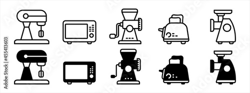 Kitchen household icon set. Kitchen electric ware icons set. Contains icon such as stand mixer, microwave oven, meat mincer, grinder and bread toaster.