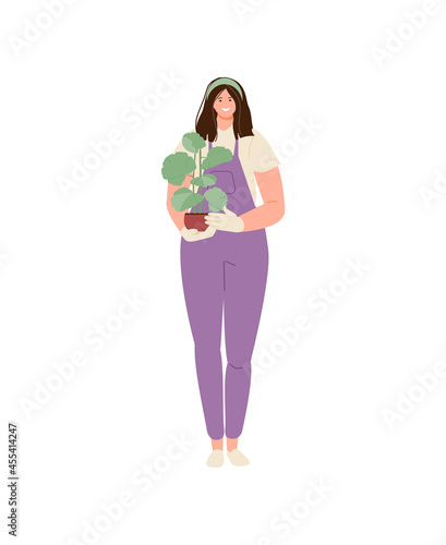 Female florist gardener with a flower in her hands. Growing plants, business and hobby vector illustration