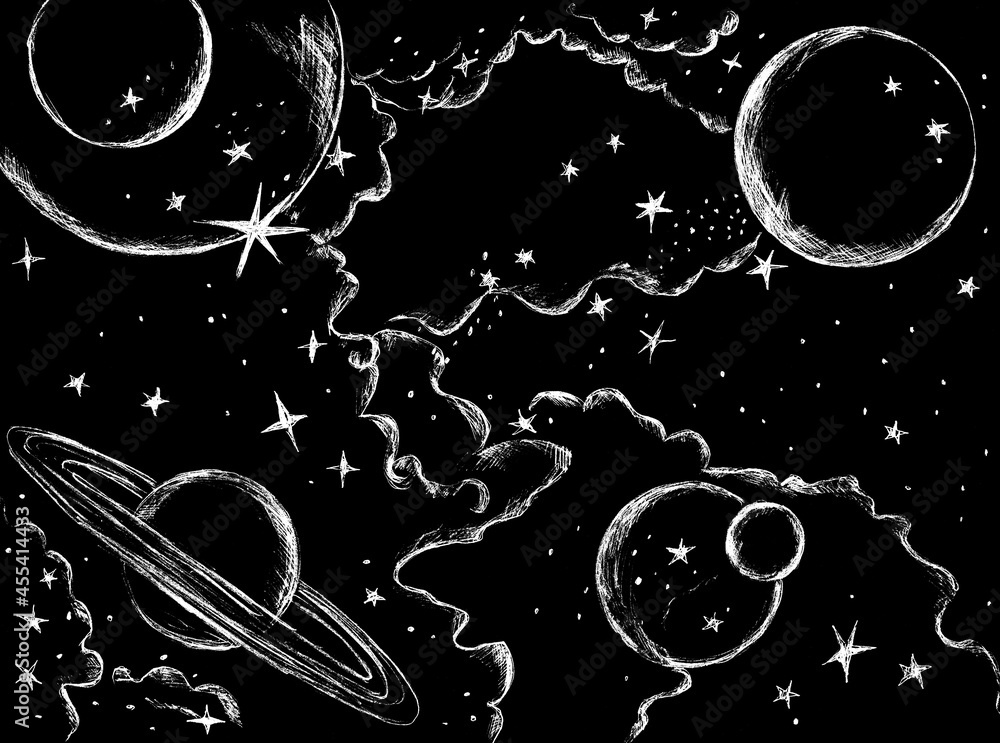 A cosmic landscape with planets and stars drawn in white on a black  background Stock Illustration | Adobe Stock