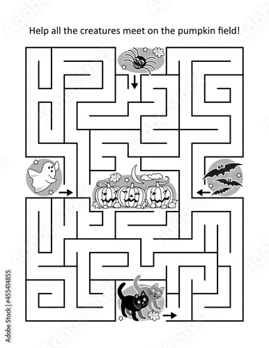 Halloween maze game for kids: Help the spider, the ghost, the bats and the cats meet on the pumpkin field to celebrate the Halloween.
