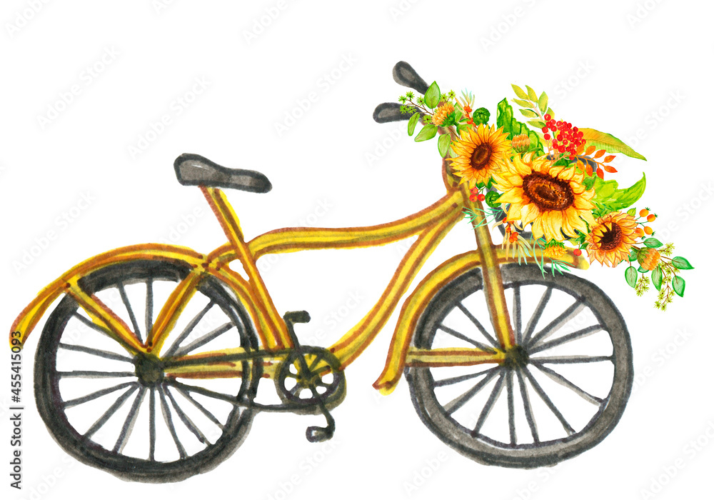 Watercolor autumn composition of pumpkin and sunflower in transport. Suitable for the design of a postcard logo, banner, paper, a postcard as a gift.Indian motifs.