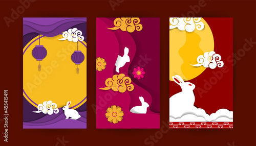 Set of banner poster Mid Autumn Festival with paper cut art and craft style on color Background for your banner design