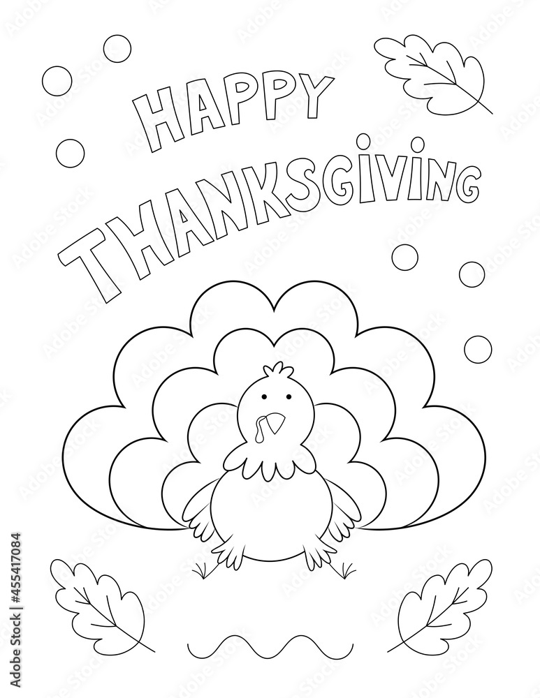 happy thanksgiving coloring page with a cute turkey, black and white ...