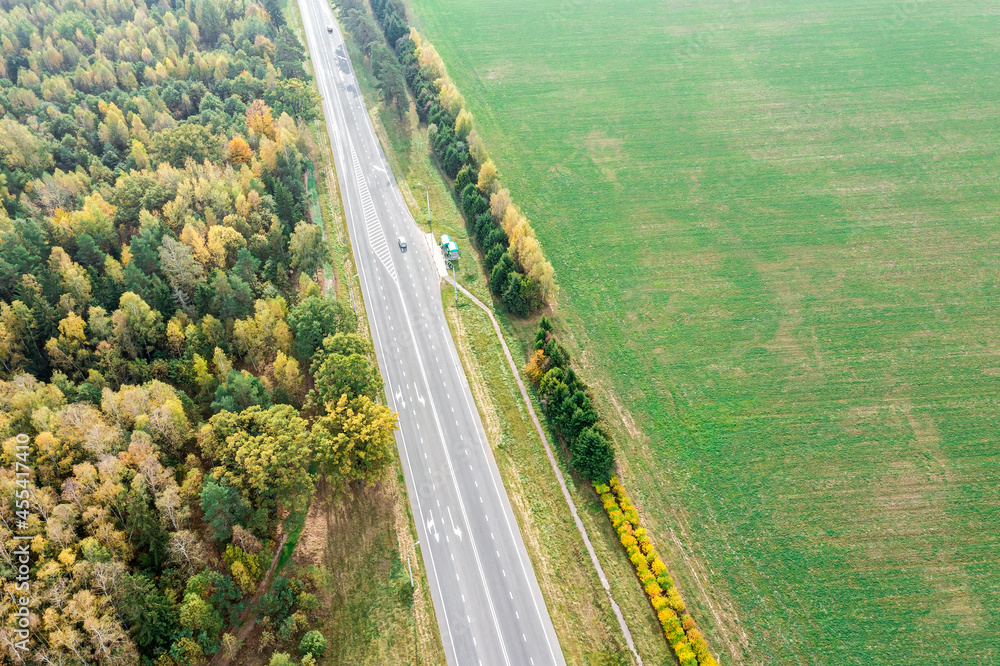 country road between autumn forest and pasture. aerial view from flying drone