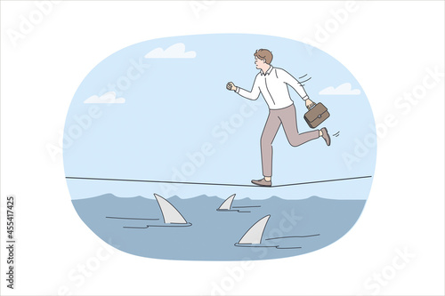 Business risks and challenge concept. Young stressed businessman running on rope over sea full of danger sharks hurrying vector illustration 