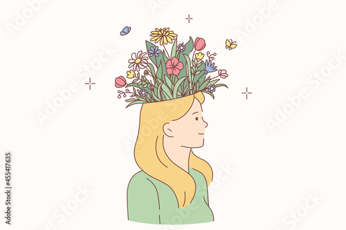 Woman with blooming head concept. Young smiling blonde female cartoon character standing having blooming flower bouquet on head vector illustration 