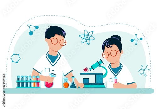 Medical specialists conduct biochemical studies under a microscope. Chemistry. Laboratory. Analysis. Flu. Virus. Health. Medicine.