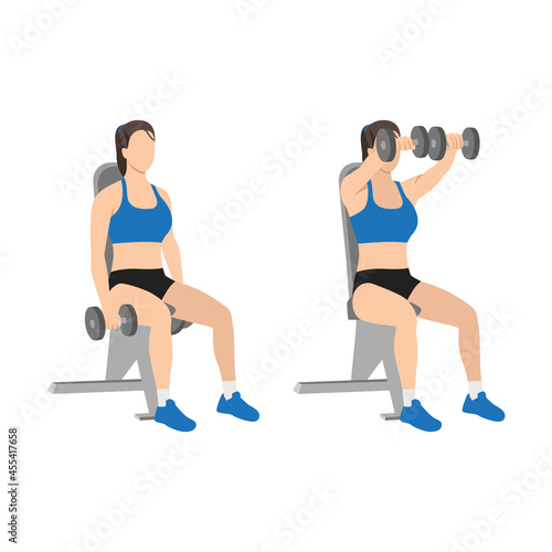 Woman doing Seated Dual front raises exercise. Flat vector illustration isolated on white background