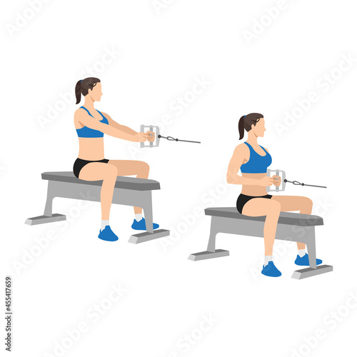 Woman doing Seated Low cable back rows exercise. Flat vector illustration isolated on white background