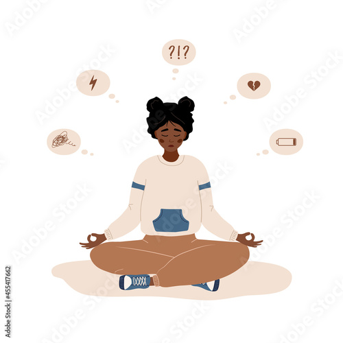 Mood disorder. Sad african woman sitting in lotus position. Mental health. Symptoms of schizophrenia or psychological diseases. Unhappy girl needs psychological help. Cartoon vector illustration.