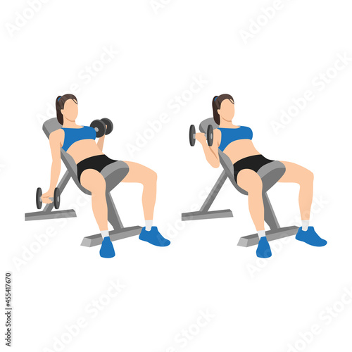 Woman doing Seated alternating incline bench dumbbell curls exercise. Flat vector illustration isolated on white background