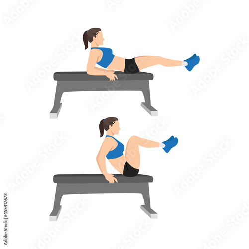 Woman doing Seated Bench leg pull ins. Flat bench knee ups exercise. Flat vector illustration isolated on white background