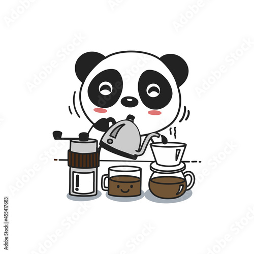 Cute panda making coffee cartoon, vector illustration