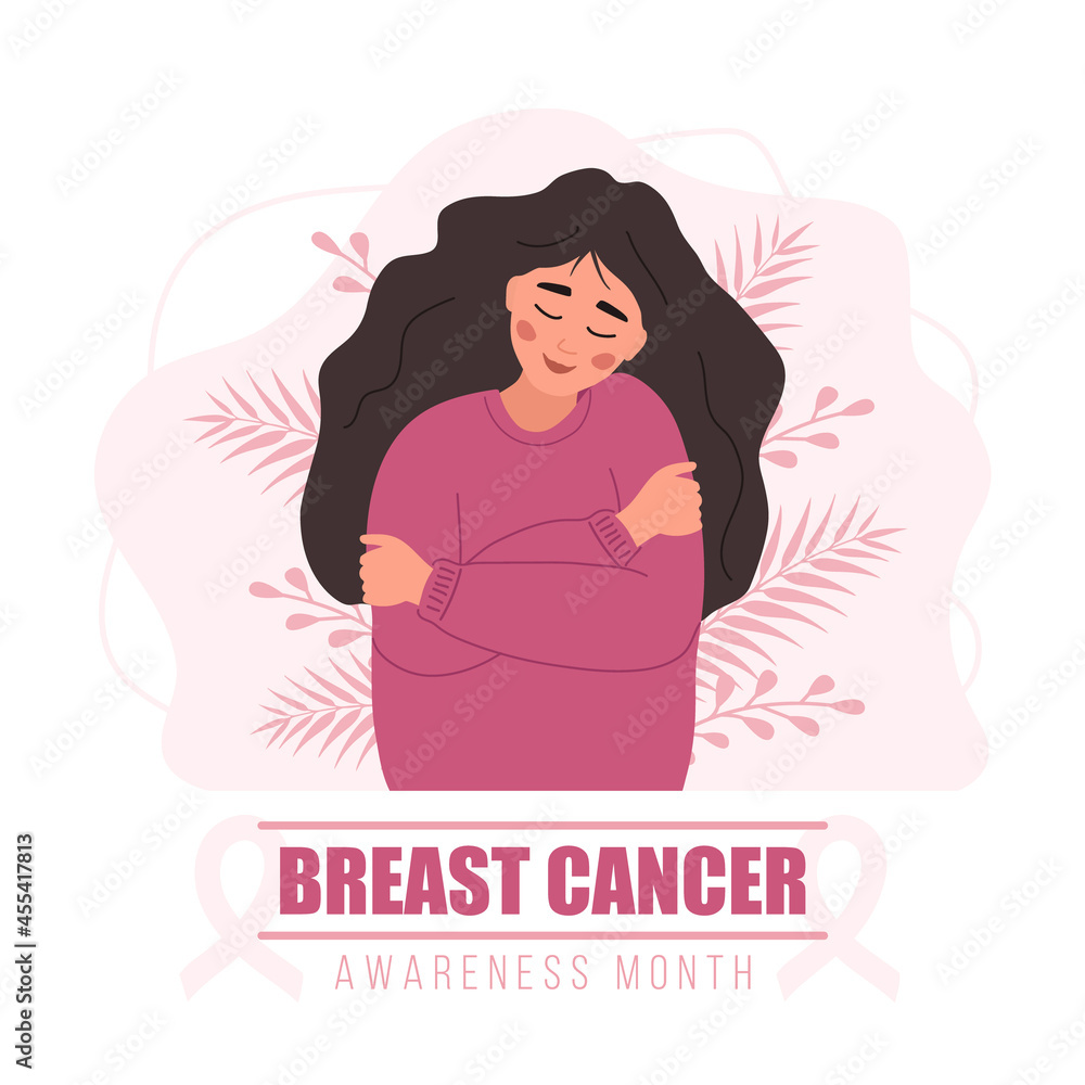 Breast cancer awareness month poster. Happy woman hugging herself. Annual international health campaign. Vector illustration in flat cartoon style. Breast cancer awareness month poster. Happy woman hugging herself. Annual international health campaign. Vector illustration in flat cartoon style.