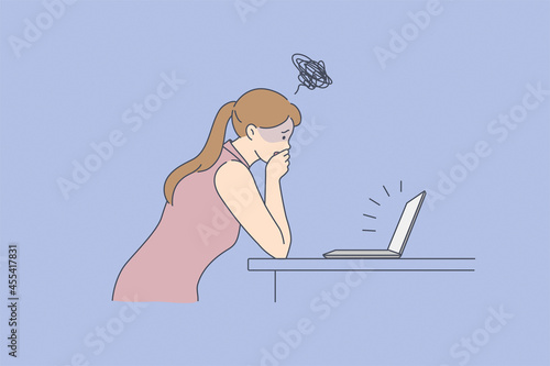 Bad news online from internet concept. Young stressed woman standing looking at laptop screen covering lipe with hand feeling shocked with bad news vector illustration 