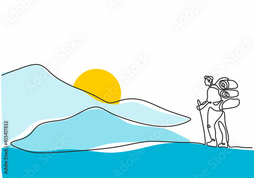 Continuous line drawing people hiking on mountain.