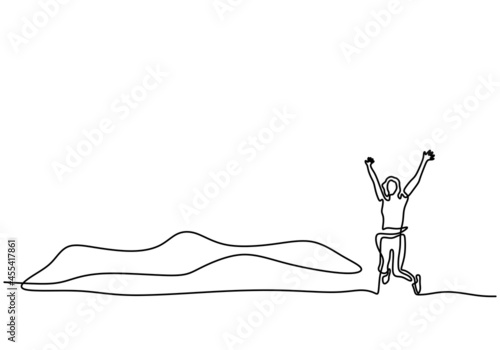 Continuous line drawing people jump in mountain