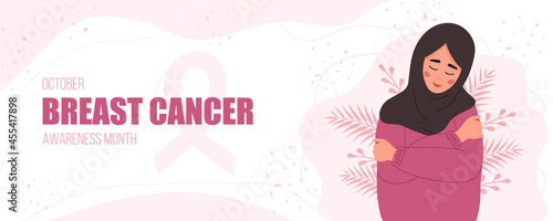 Breast cancer awareness month banner. Happy arab woman in hilab hugging herself. Annual international health campaign. Vector illustration in flat cartoon style.
