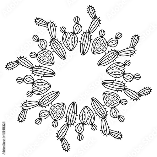 Coloring book page, mandala . Hand drawn succulents and cacti . Linear Doodles botanical vector