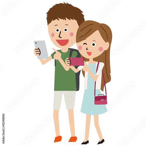 ポップな若い男女　スマホで撮影　旅行　映え