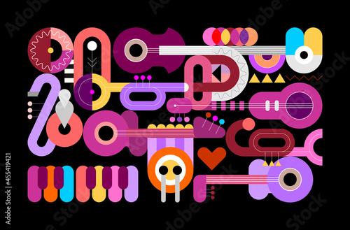 Geometric style vector illustration of different musical instruments isolated on a black background. Graphic design with guitars, trumpets, sax, piano and drum. 
