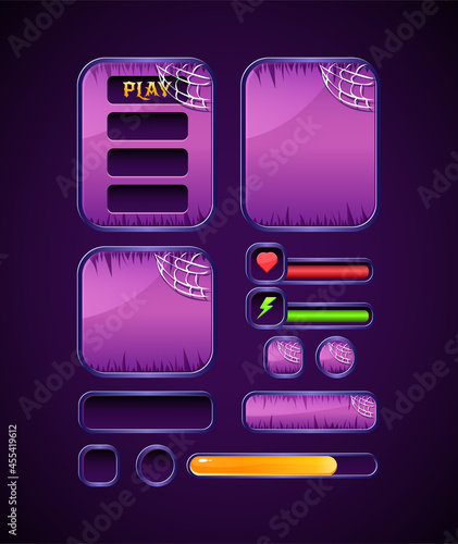 dark violet game ui halloween kit set template with bar, button, and board pop up interface