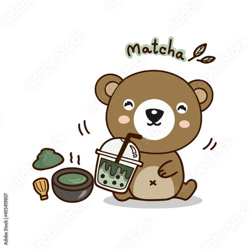 Cute Bear drinking macha green tea.Cute cartoon character.