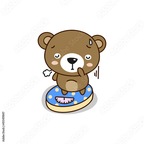 Cute  bear weighed on the scales. Cute cartoon character.