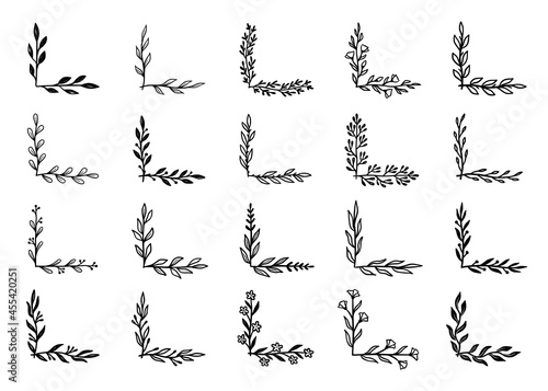 Corner flourish border set. Hand drawn doodle style corner with rustic floral element. Vector illustration border.