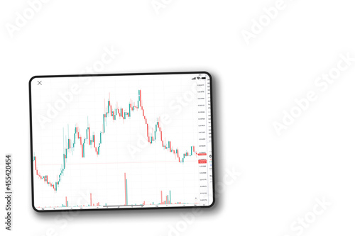 Financial stock market graph on the tablet screen on white background. Top view. Stock Exchange.