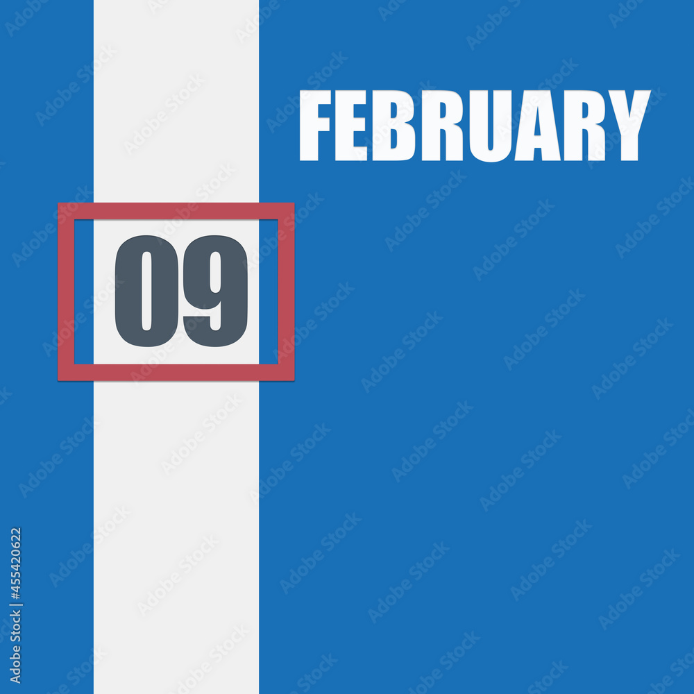 Fototapeta premium february 9. 9th day of month, calendar date.Blue background with white stripe and red number slider. Concept of day of year, time planner, winter month.