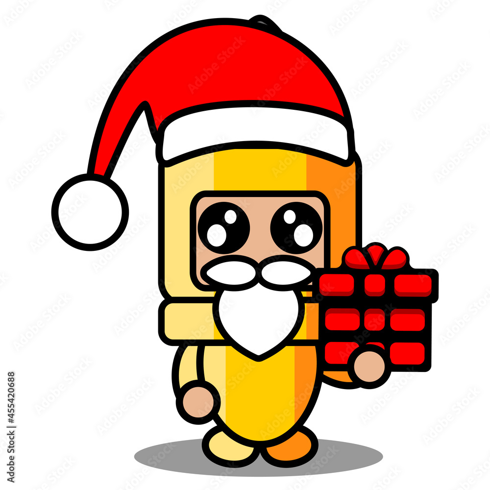 vector cartoon character cute gun bullet doodle mascot costume wearing santa hat and holding gift