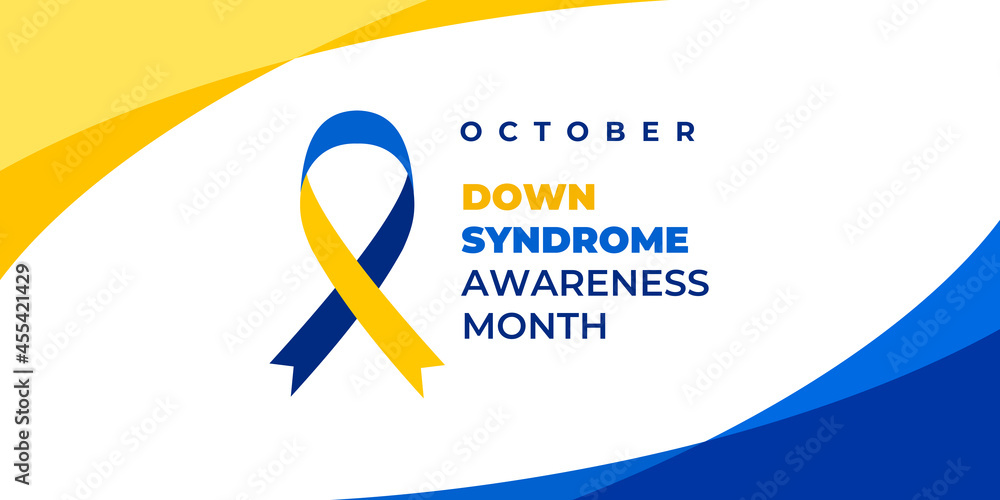 Down syndrome awareness month. Vector web banner, background, poster, card for social media, networks. Text down syndrome awareness month, october with blue and yellow ribbon. - obrazy, fototapety, plakaty 