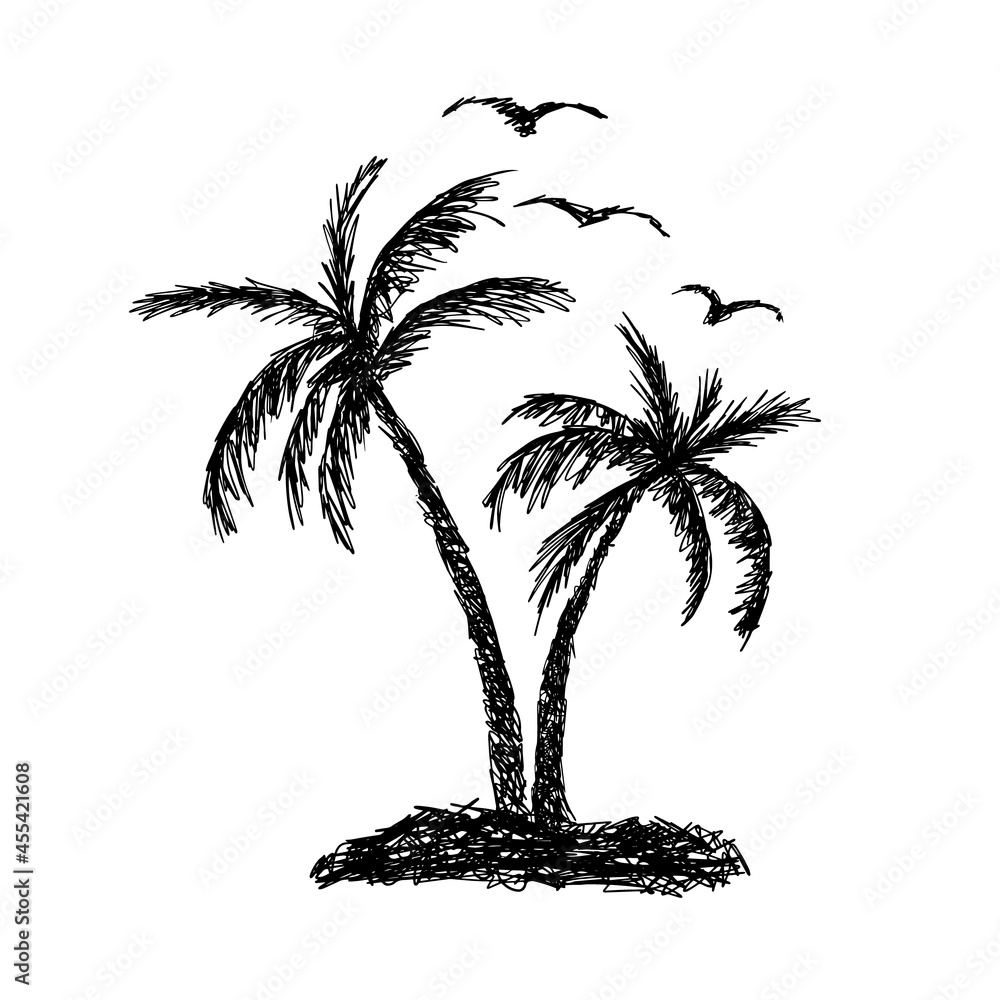 Obraz premium Palm trees, sun and seagulls. Vector illustration