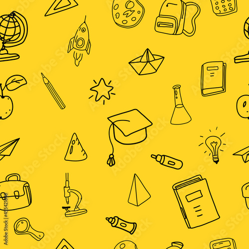 Seamless Pattern school doodles. Back to school line icons supples, equipment, elements. Hand drawn scetches vector illustration background photo