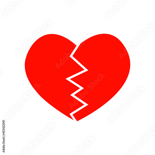 Red broken heart pictogram. Symbol of infarct, heartache, heartbreak, divorce, parting isolated on white background. Vector flat illustration.