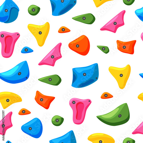 Gym climbing grips on a white background seamless pattern. Imitation of a rock. Various fasteners. Cartoon vector background.