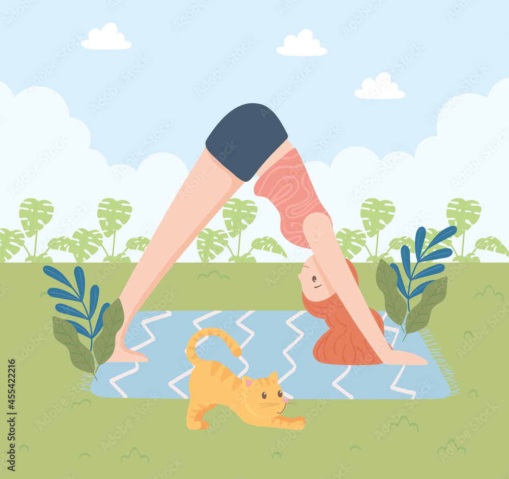 girl with cat doing yoga girl with cat doing yoga