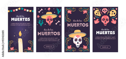 Set of social media posters or vertical cards with sugar skulls. Mexican national holiday Day of the dead. Festive templates for Dia de los muertos decorated with Calavera Catrina. Vector illustration