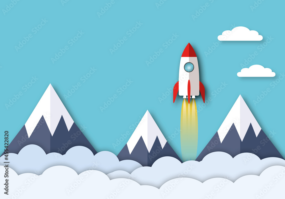 Space rocket launch over mountain with clouds rising up the sky as metaphor for business and financial growth, Success and financial developing, Business growth concept, paper cut design style.
