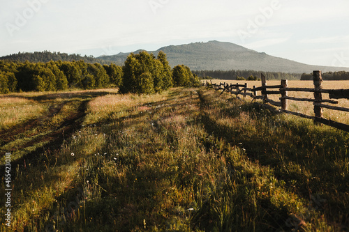 Autumn morning in the pasture. dawn in the mountains. Ural Mountains Russia