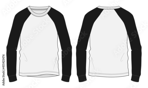 Long sleeve Raglan with black and white color sweatshirt overall technical fashion flat sketch vector template front and back views isolated on white background. Men's clothing unisex top cad Mock up.