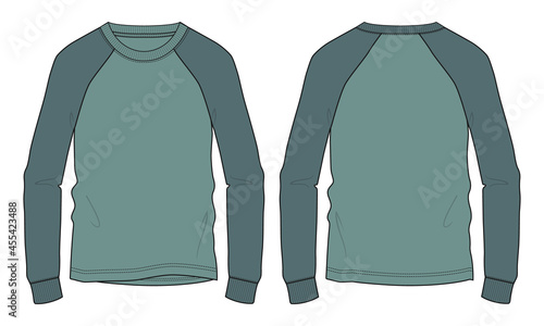 Long sleeve Raglan sweatshirt overall technical fashion flat sketch vector template front and back views isolated on white background. Men's clothing unisex top cad Mock up.