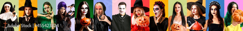 Foto Different people in Halloween costumes on color background