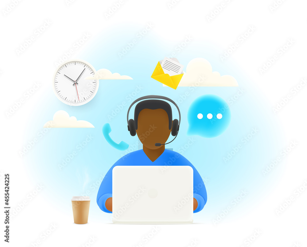 Hotline support concept. Woman working with people. 3d style cute illustration Hotline support concept. Woman working with people. 3d style cute illustration