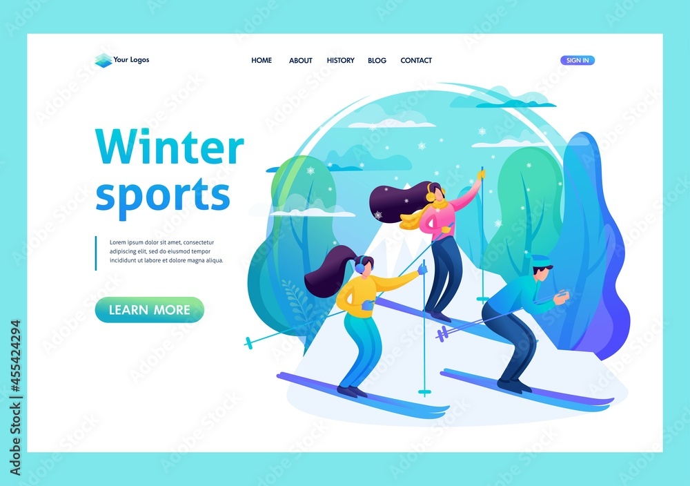 Friends have fun skiing in the mountains, winter holidays, have a good time. 2D characters. Landing Page Concept