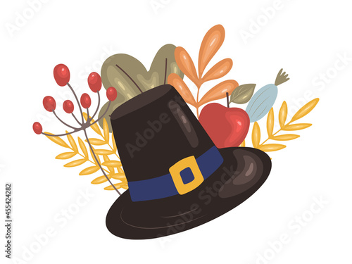 Thanksgiving hat with autumn leaves and berries isolated on white background. Vector illustration in hand-drawn style. Autumn design concept