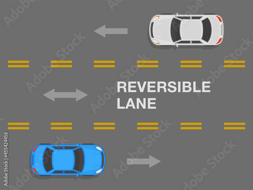 Three lane road. Top view of steam of sedan cars on a city highway. Reversible lane meaning. Flat vector illustration template.